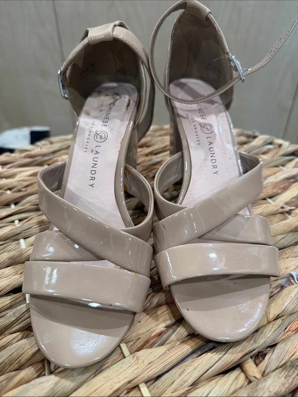 Chinese Laundry Beige Patent Strappy Ankle Sandals